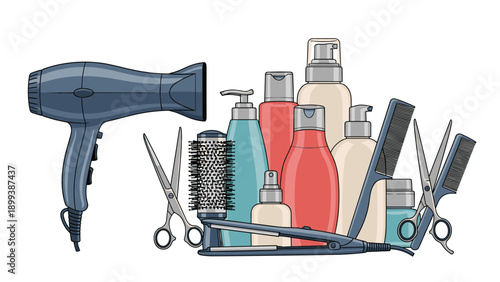 Comprehensive collection of hair styling tools and products, including a hair dryer, scissors, brushes, and various liquid bottles, for professional salon use.