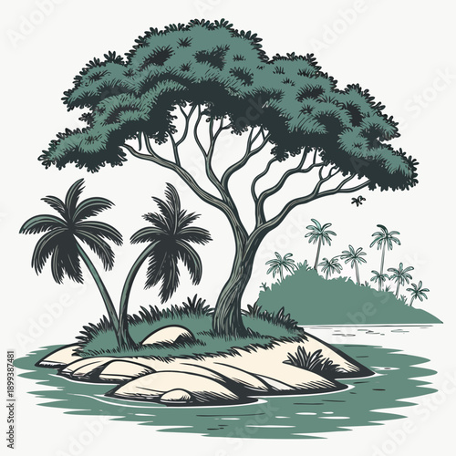 Small Island with Clustered Trees - Idyllic Tropical Escape Vector Art