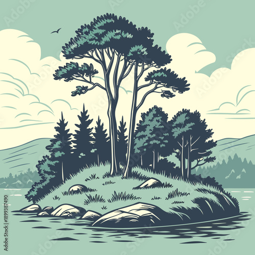 Small Tropical Island with Clustered Trees - Isolated Paradise Vector