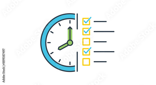 Time management concept with clock and checklist icons representing task completion