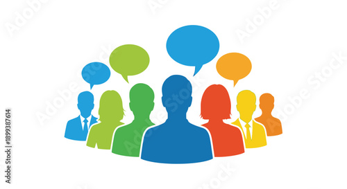 Diverse group of people represented with colorful speech bubbles