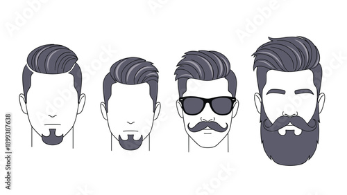 Vector illustration showcasing four distinct male facial hair and hairstyle variations, from a goatee to a full beard with sunglasses.