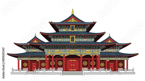 Grand and intricately designed Asian temple or palace with multiple tiered roofs, vibrant colors, and traditional architectural details on a white background.
