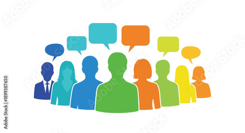 Diverse group of people represented by silhouettes with colorful speech bubbles