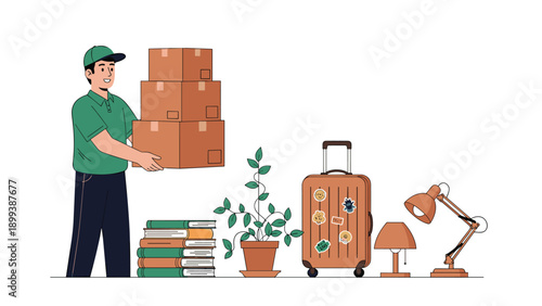 Cheerful man wearing a cap, carrying moving boxes, surrounded by household items like books, a plant, a suitcase, and lamps, ready for relocation.