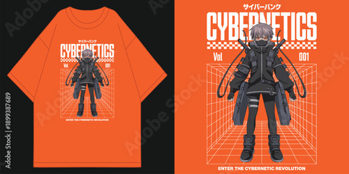 cyberpunk character design graphic tee orange color street style cybernetics vol 001 future fashion t shirt design vector illustration artwork
