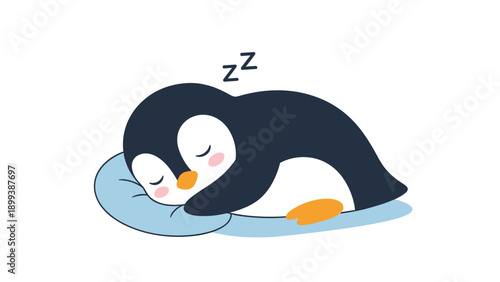 Adorable cartoon penguin sleeping peacefully on a soft blue pillow, with "ZzZ" indicating a deep and comfortable sleep.