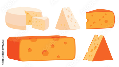 Assortment of different cheese types and shapes, including whole wheels, blocks, and slices, on a clean white background.