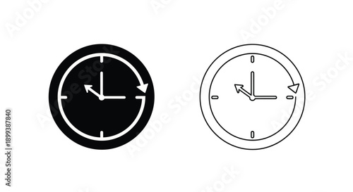 Two clocks displaying different times with circular arrows black and white
