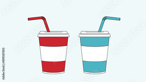 Pair of colorful disposable cups with bendy straws, one red and one blue, perfect for cold beverages on a light blue background.