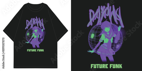 future funk 80s vaporwave aesthetic anime girl character graphic tee design japanese city pop t shirt design vector illustration artwork
