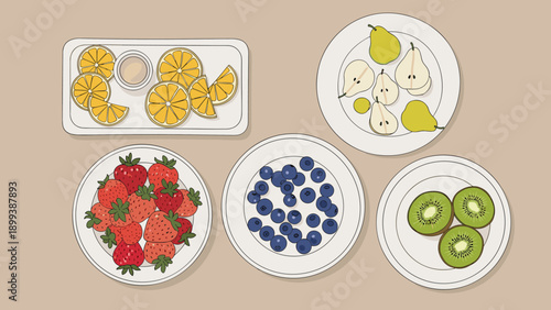Delicious assortment of fresh, sliced fruits including oranges, pears, strawberries, blueberries, and kiwi, beautifully arranged on plates over a beige background.