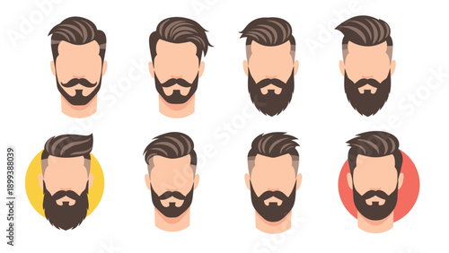 Diverse set of eight modern male beard and hairstyle variations, showcasing various lengths and styles for contemporary men's grooming.