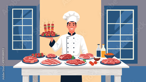 Professional male chef proudly displaying a platter of cooked meat skewers, standing behind a table abundant with various cuts of raw meat.