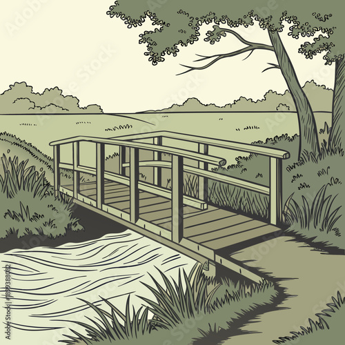 Rustic Wooden Footbridge Crossing a Narrow Stream in Nature
