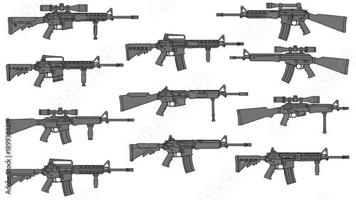 Extensive collection of detailed military-style assault rifles and carbines, showcasing a variety of tactical firearm designs.