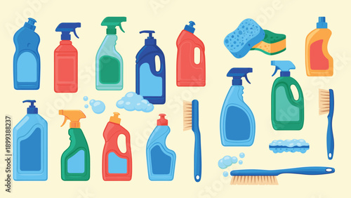 Extensive collection of colorful cleaning products in various bottles and sprays, along with essential brushes and sponges for effective household cleaning.