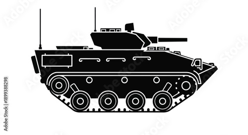 Silhouette of a military tank side view black and white illustration