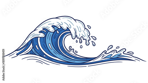 Dynamic and stylized illustration of a powerful blue ocean wave cresting and breaking, evoking movement and natural force.