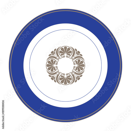 European porcelain plate with pattern. Round frame arabesque. Plate with large gold floral element in the center. Border Ancient Greece, Roman Empire pattern. For circle ceramic, textile, porcelain