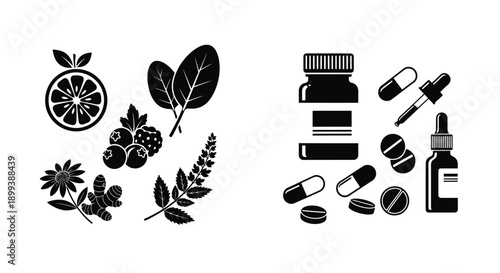 Botanical and pharmaceutical icons depicting natural health and wellness