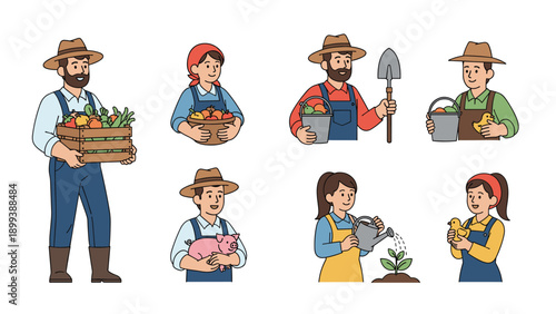 Diverse collection of happy farmers, both men and women, engaged in various farm activities such as harvesting, animal care, and plant watering.