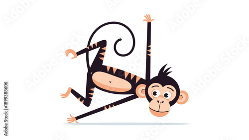 Playful cartoon monkey hanging acrobatically by one arm with its tail coiled, showcasing its agility and mischievous nature.