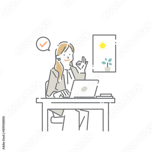 快適なオフィスでリラックスして働く若い女性　　シンプルでお洒落な線画イラスト