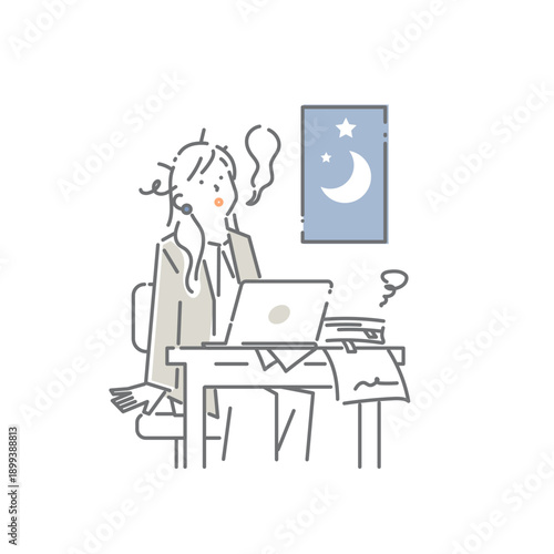 残業中の疲れ切っている若い女性　　シンプルでお洒落な線画イラスト