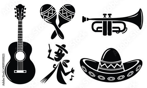 Mexican musical instruments and sombrero cinco de mayo silhouette set