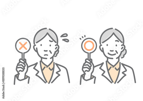 マルバツのサインを見せる女性医師のアバターセット　シンプルでお洒落な線画イラスト