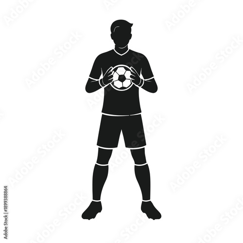 Soccer player silhouette holding football isolated on white background
