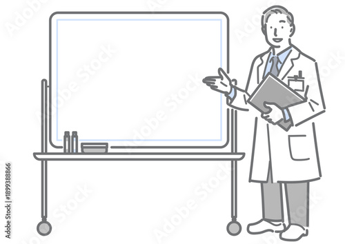 ホワイトボードを使って説明する男性医師　シンプルでお洒落な線画イラスト