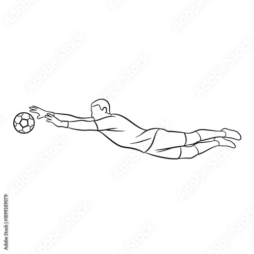 Line art illustration of a soccer goalkeeper diving to catch a ball