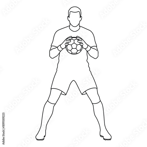 Soccer goalkeeper holding ball standing line art icon