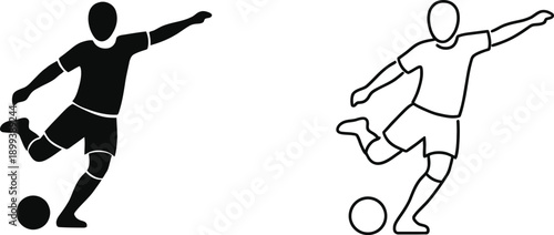 Soccer player kicking ball silhouette and line art icon set