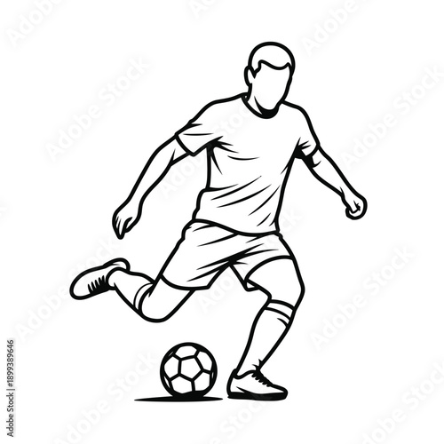 Minimalist line art of a soccer player dribbling ball in action pose isolated on white background