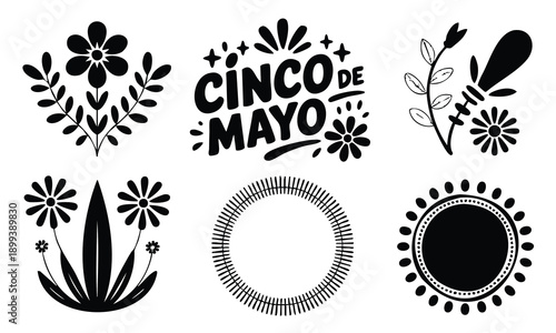 Set bundle cinco de mayo silhouette floral patterns and ornaments