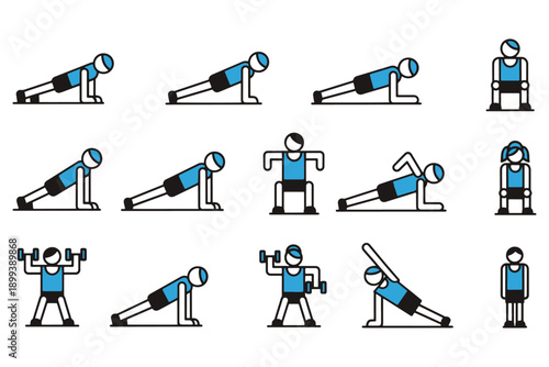 Home Workout Exercise Poses Silhouette Vector Icon Sheet Simple Shapes