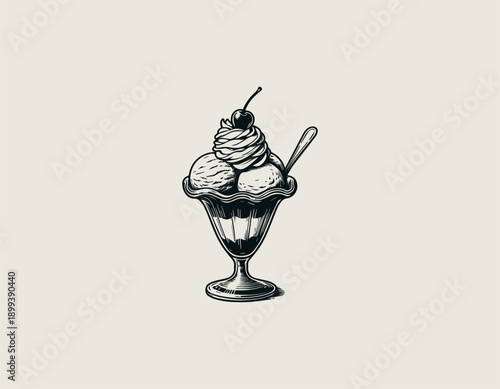 Minimal black line drawing presents ice cream sundae with scoops and cherry topping
