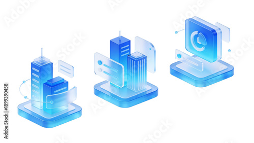 3D Glassmorphism Smart City and Enterprise Data Analytics Icon Set, Blue Frosted Glass Building and Growth Chart Symbols
