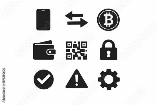 Digital finance symbols: bitcoin, wallet, qr code, and security icons