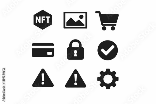 E-commerce technology icons: nft, payment, security, and shopping cart symbols
