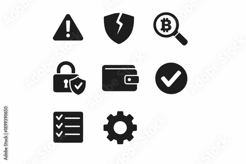 Secure cryptocurrency and finance icon set featuring wallet, lock, and shield graphics
