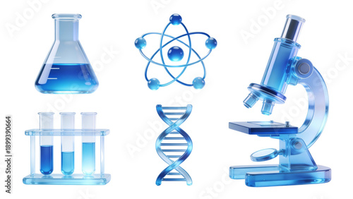 3D Glassmorphism Science Instrument Icon Set, Blue Frosted Glass Microscope, DNA Helix, and Atom Symbols