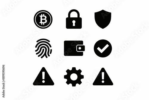 Cryptocurrency and security icons: bitcoin, lock, shield, fingerprint, wallet, checkmark, alert, gear