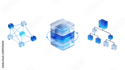 3D Glassmorphism Cloud Infrastructure and Data Flow Icon Set, Blue Frosted Glass Server and Network Node Symbols