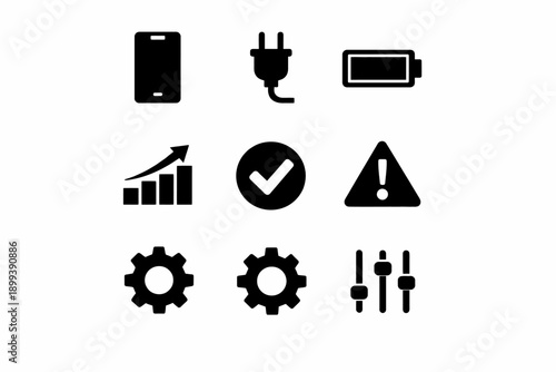 Technology icons: tablet, plug, battery, chart, checkmark, warning, gears, controls