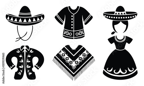 Traditional mexican clothing icons cinco de mayo silhouette bundle set