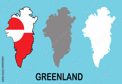 Vector illustration of a silhouette map of Greenland on the North American continent. A constituent country of the Kingdom of Denmark located between the Arctic and Atlantic Oceans, east of the Canada